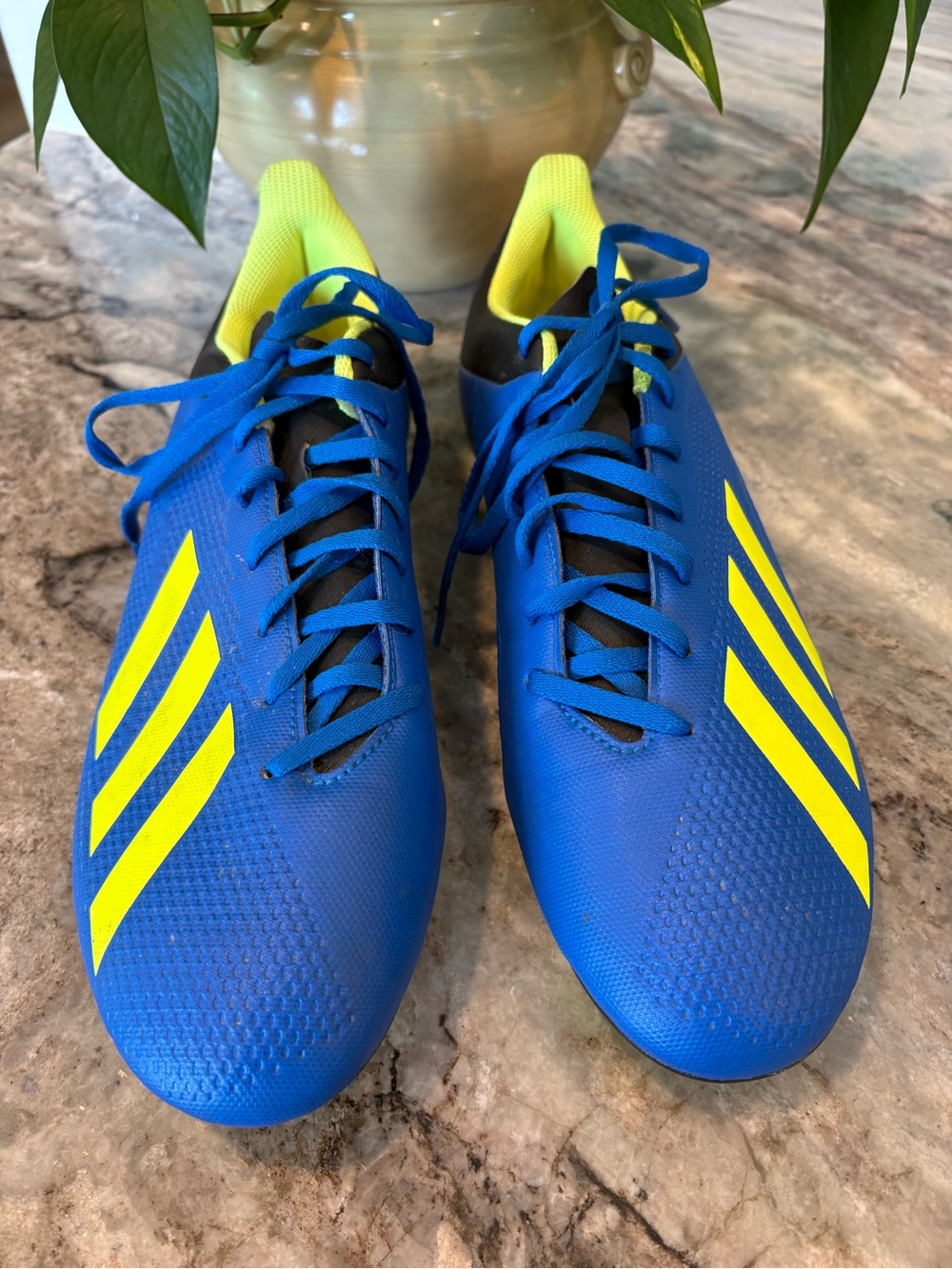 Men's Adidas Blue Soccer Cleats with Neon Yellow Stripes